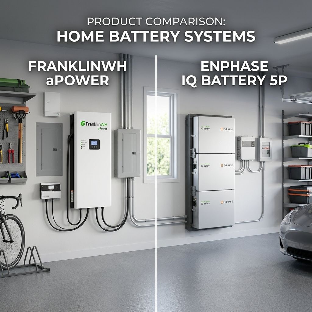 A split-screen product comparison graphic of the FranklinWH aPower and Enphase IQ Battery 5P.