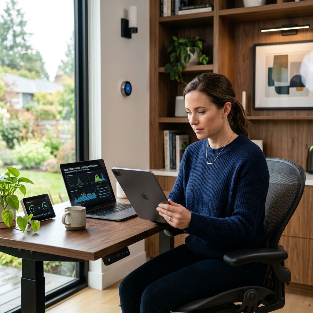 A homeowner reviewing home battery specifications on a digital tablet in a clean workspace.