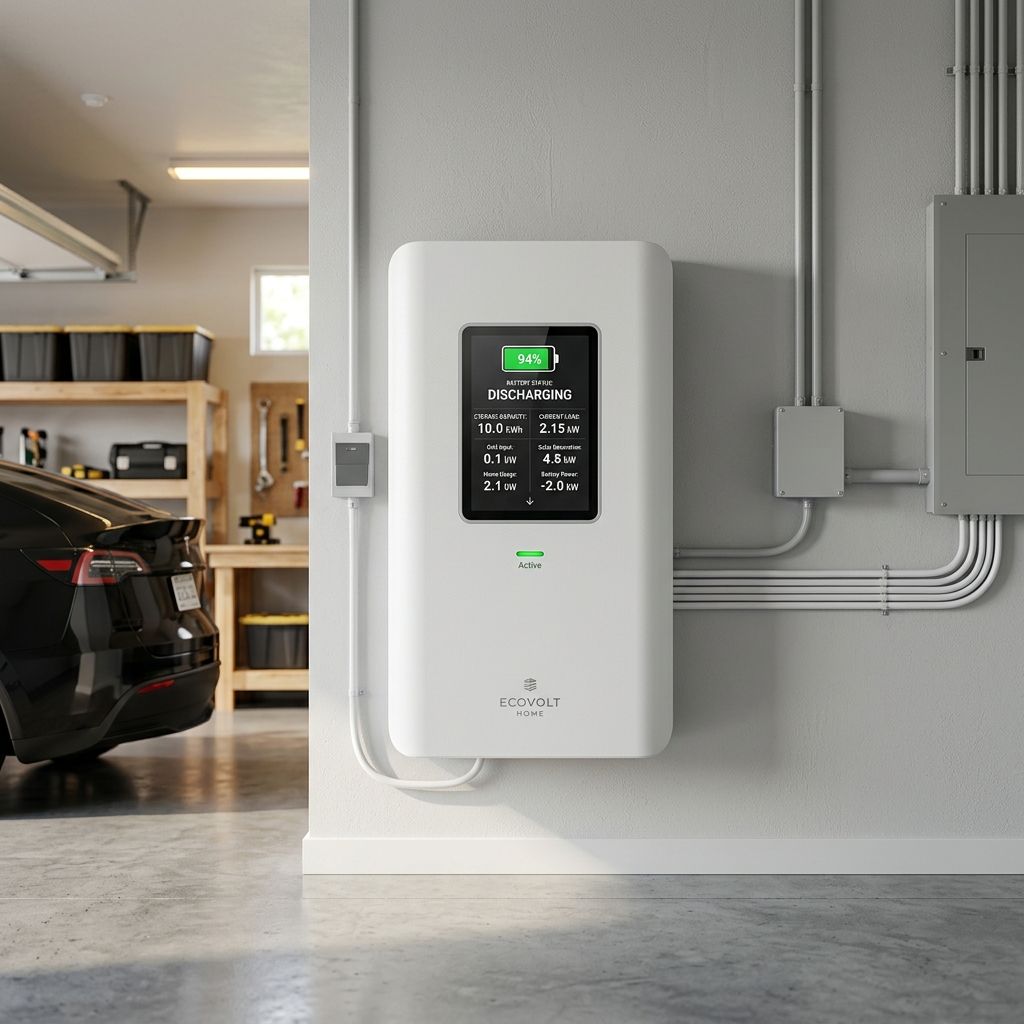 A modern home battery backup status screen displaying 10 kWh storage runtime indicators.