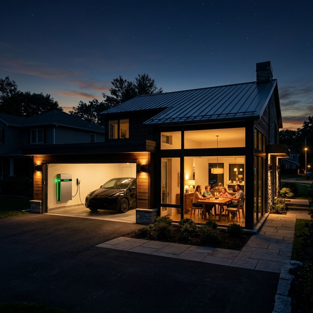 A modern residential home during an evening power outage lit by clean energy battery backup storage.