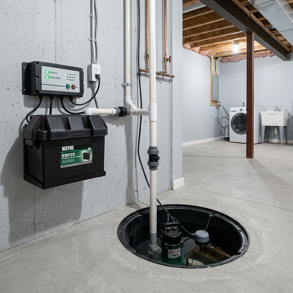 A residential basement utility area with a clean sump pump pit, float switch, and wall-mounted battery backup.
