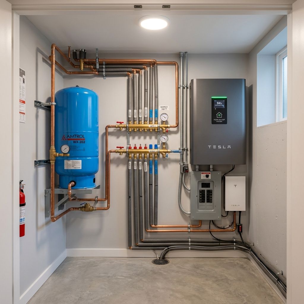 A basement utility room featuring plumbing controls, a water pressure tank, and a wall-mounted home battery storage system.