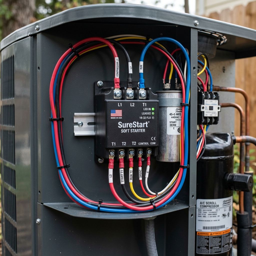 A residential outdoor air conditioning unit with a newly installed compact electronic soft starter device.