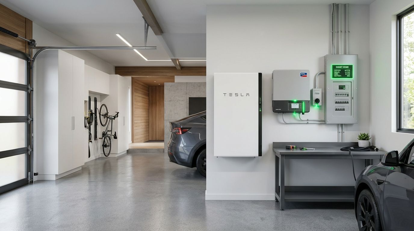 Modern garage with premium residential battery backup system and smart electrical subpanel