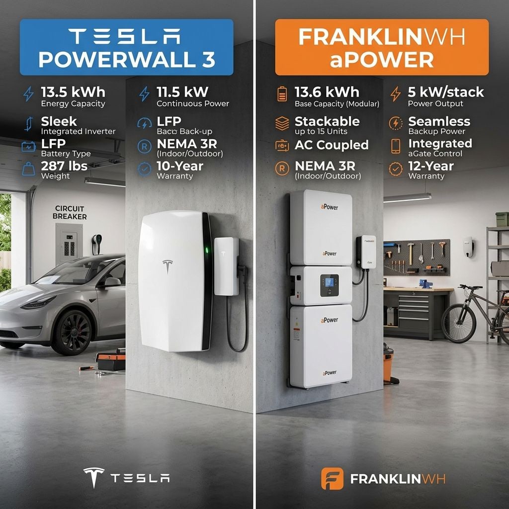 A split-screen product comparison graphic of the Tesla Powerwall 3 and FranklinWH aPower.