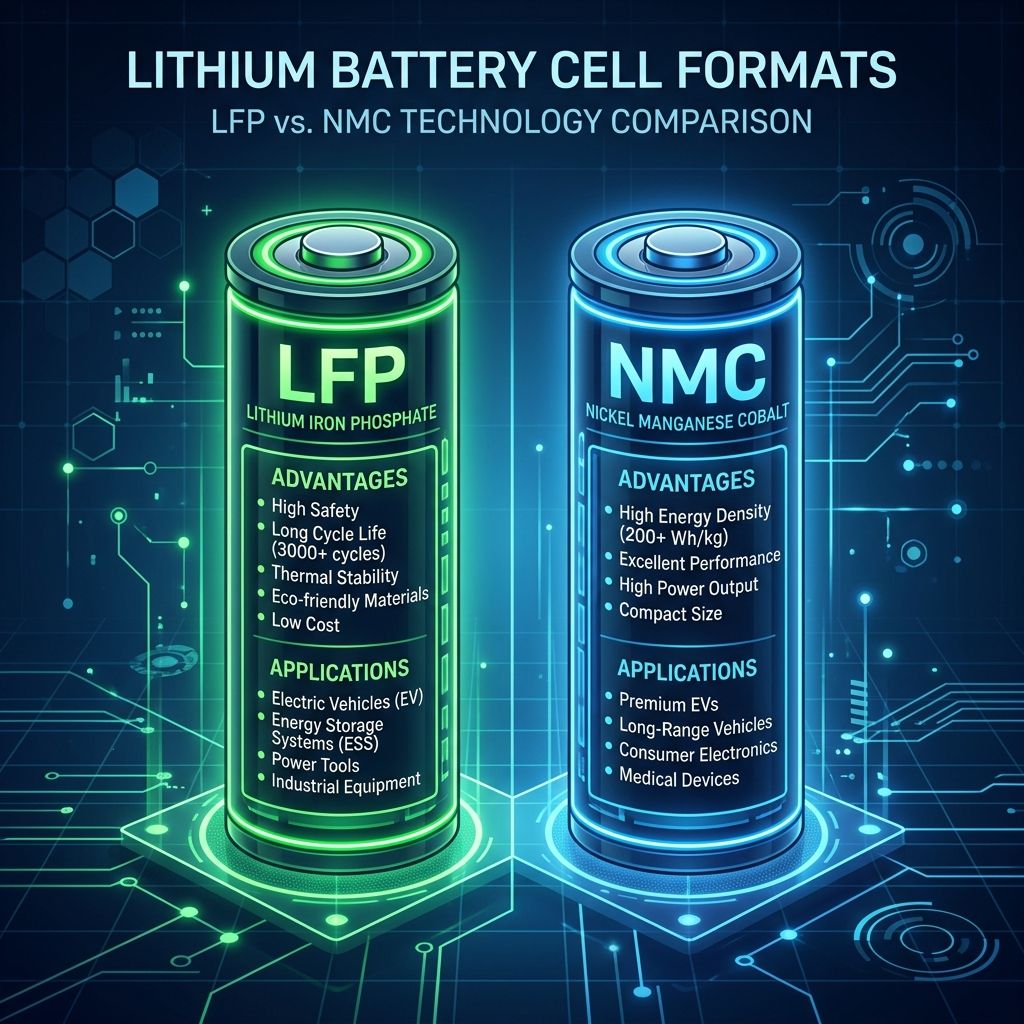 A stylized comparison rendering showing green LFP and blue NMC battery cell technologies.