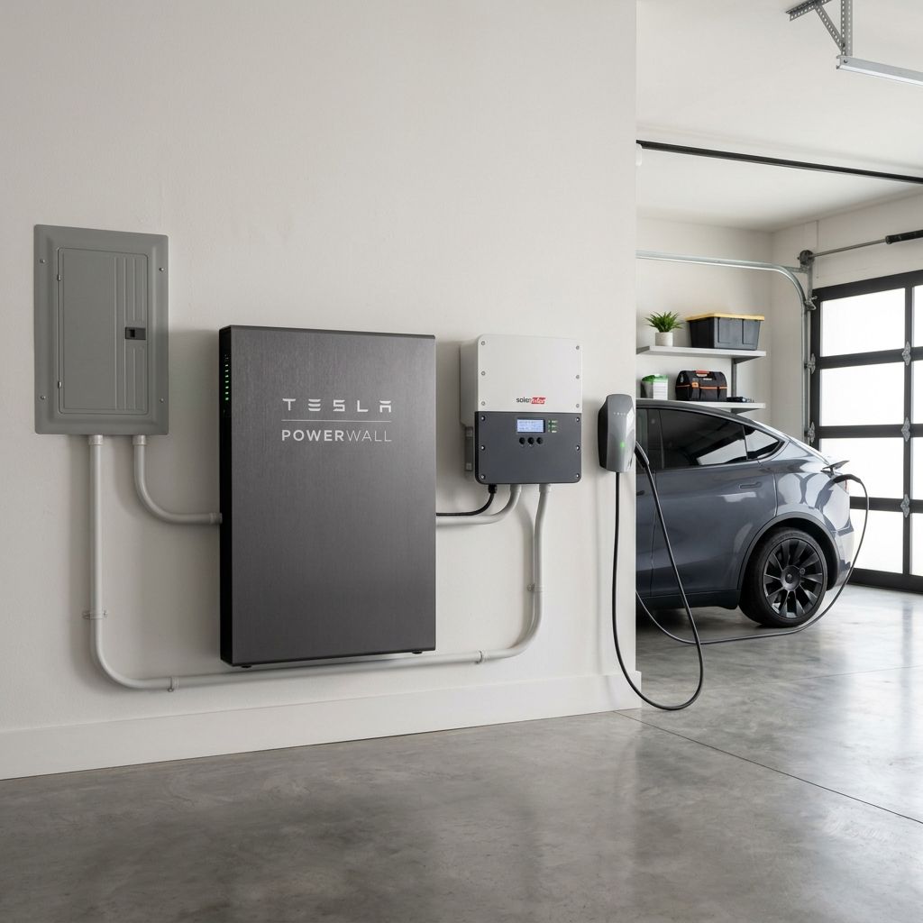 Sleek wall-mounted home battery backup storage unit installed inside a garage