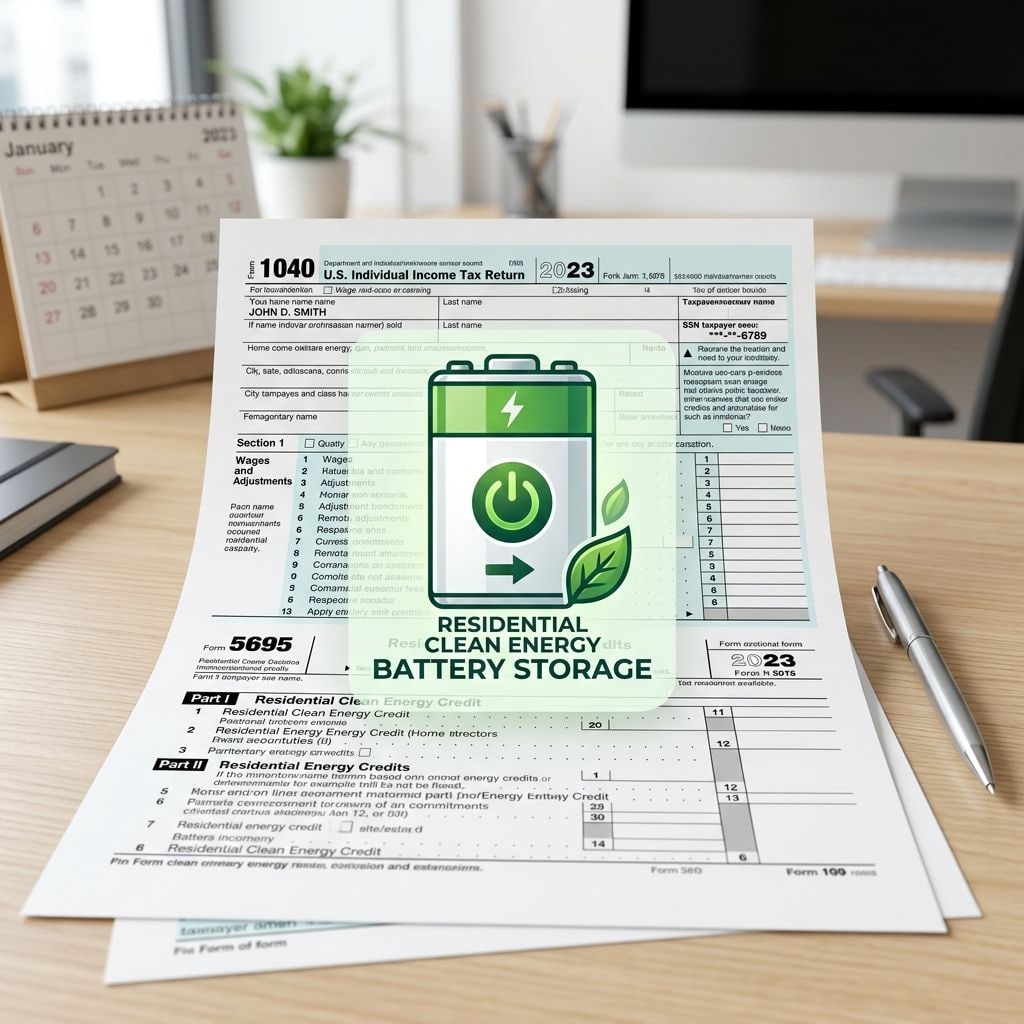 An IRS Form 1040 and Form 5695 tax document sheet overlaid with a clean green clean energy battery backup icon.