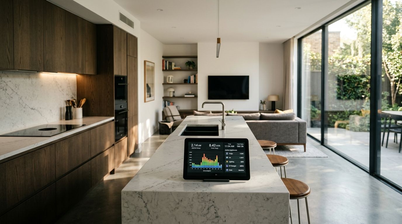 Modern open-concept smart home kitchen showing real-time electricity consumption graphs on a tablet display