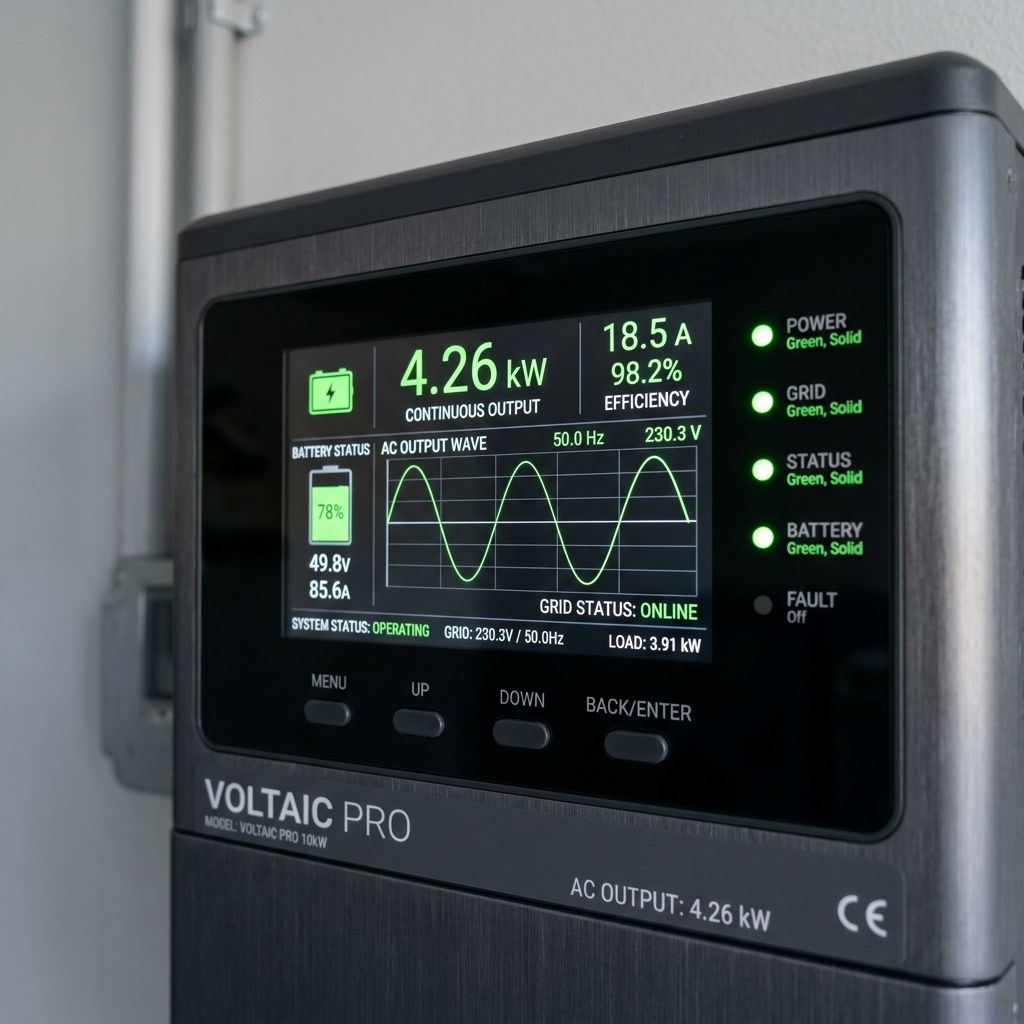 A premium wall-mounted home battery inverter displaying output readings and waveforms.
