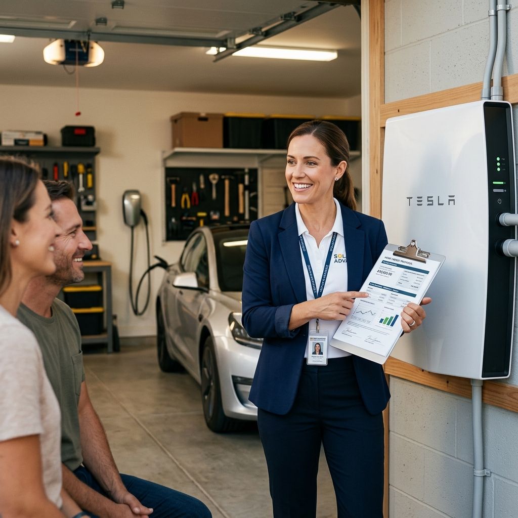 A clean energy advisor next to a wall-mounted battery backup unit, presenting contract pricing schedules.