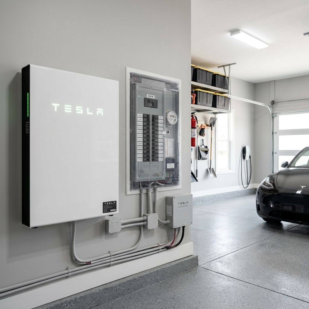 A sleek Tesla Powerwall 3 home battery wall-mounted in a modern clean suburban garage.