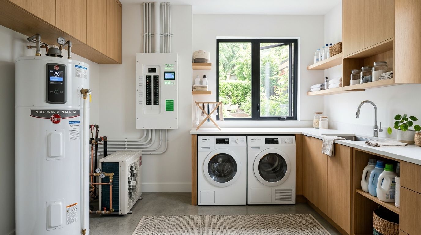 Contemporary home laundry and utility room featuring energy-efficient appliances and a smart electrical panel