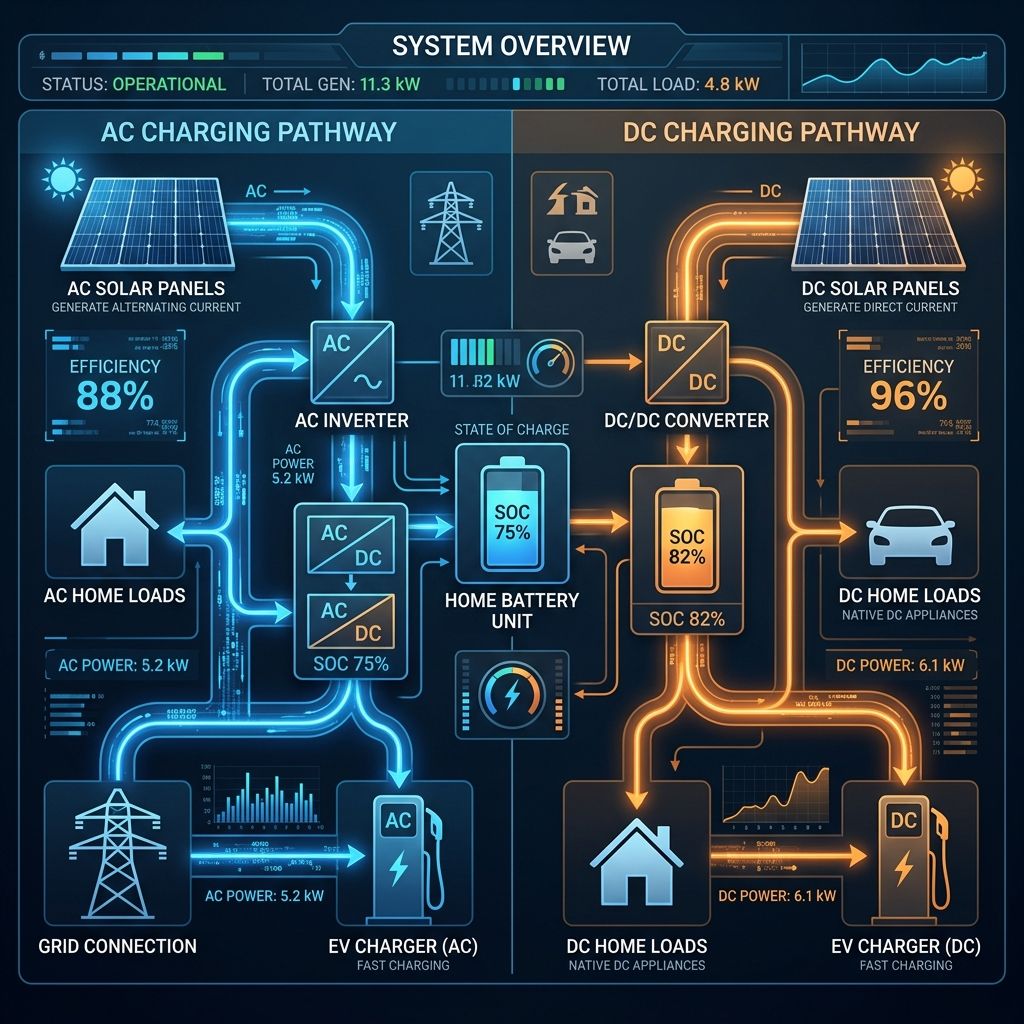 A split screen layout illustrating technical differences between AC charging and DC charging battery paths.
