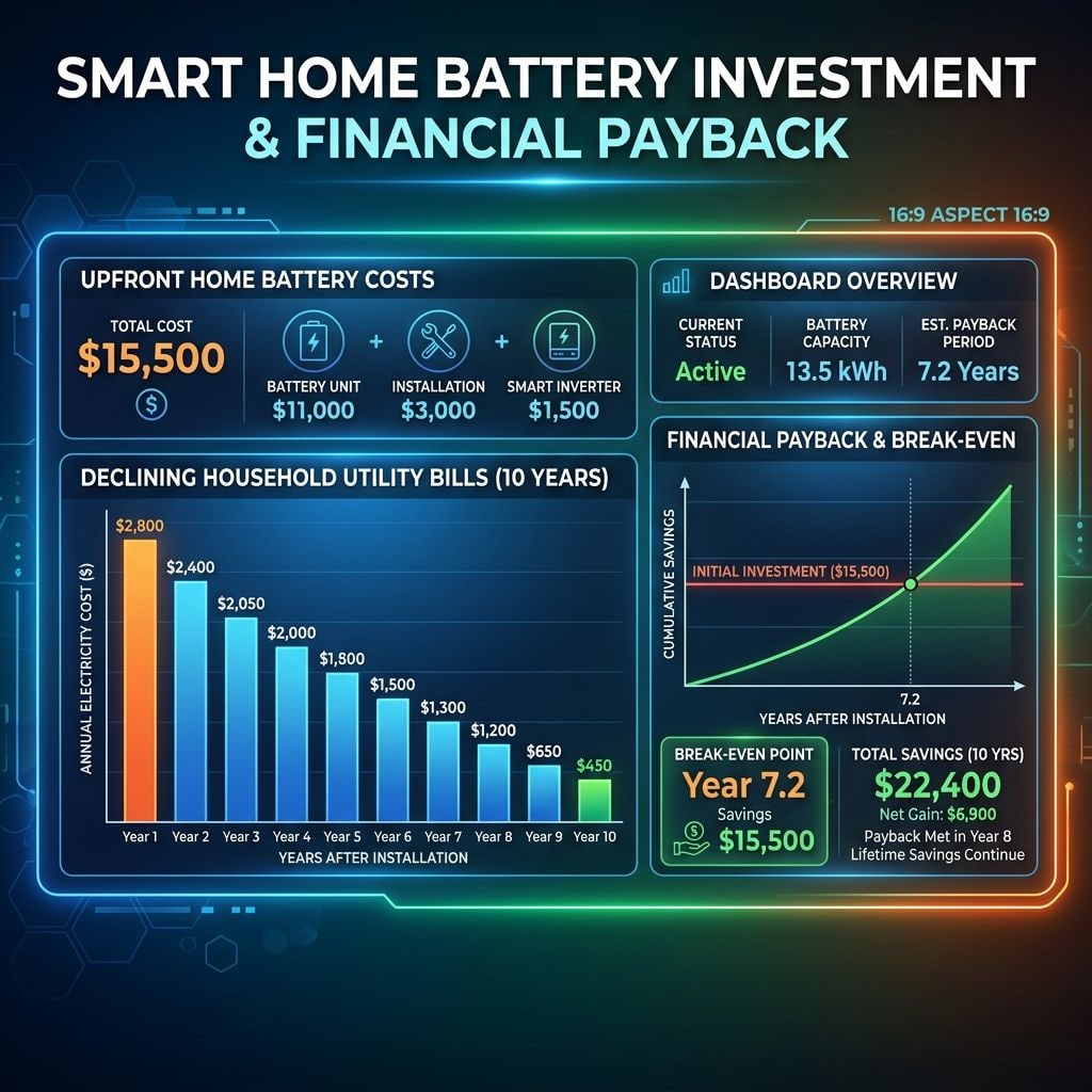 An infographic dashboard illustrating solar battery installation costs vs declining utility bills.