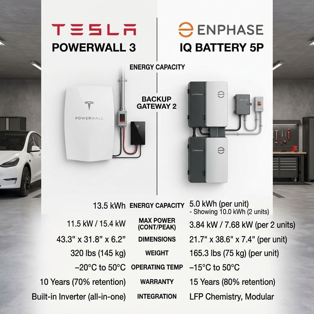 A split-screen product comparison graphic of the Tesla Powerwall 3 and Enphase IQ Battery 5P.