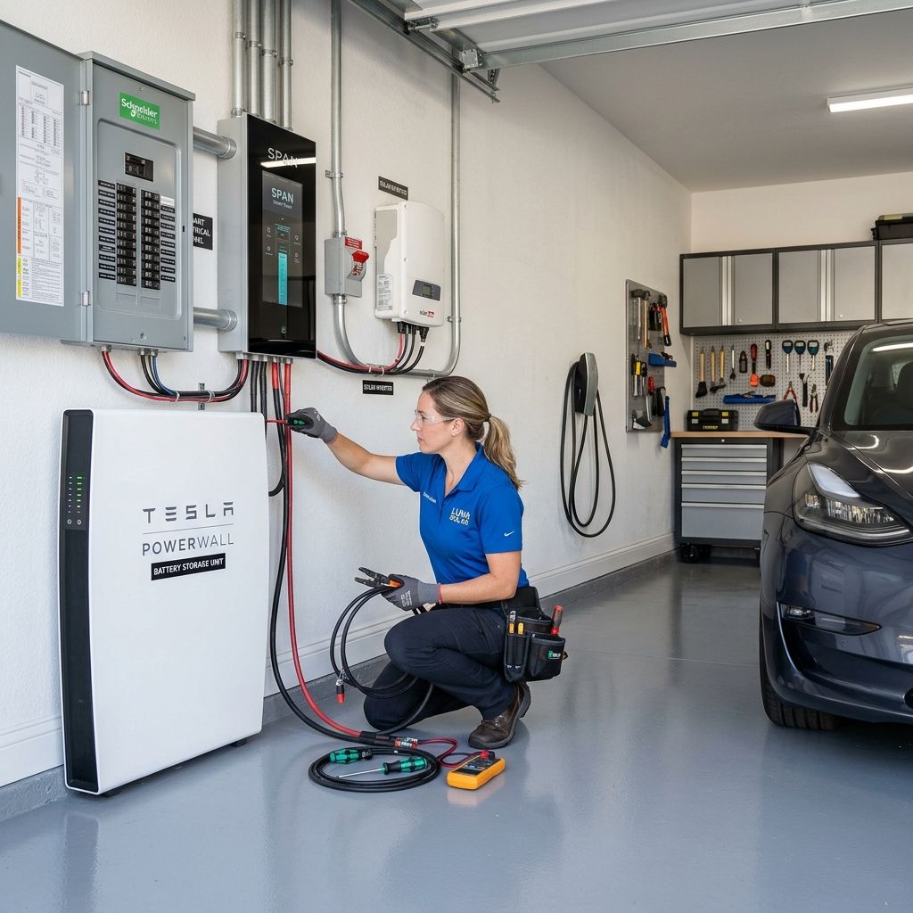 A clean, modern garage featuring a wall-mounted LFP home battery backup system and a smart electrical panel.