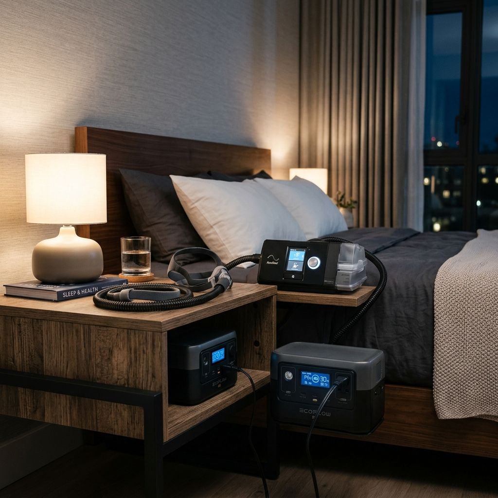 A nightstand with a medical CPAP machine connected to a portable battery backup power station.